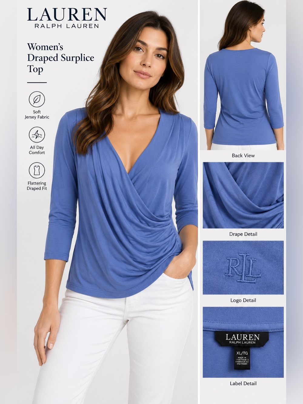 Lauren Ralph Lauren Women's Draped Surplice Top - Blue XL